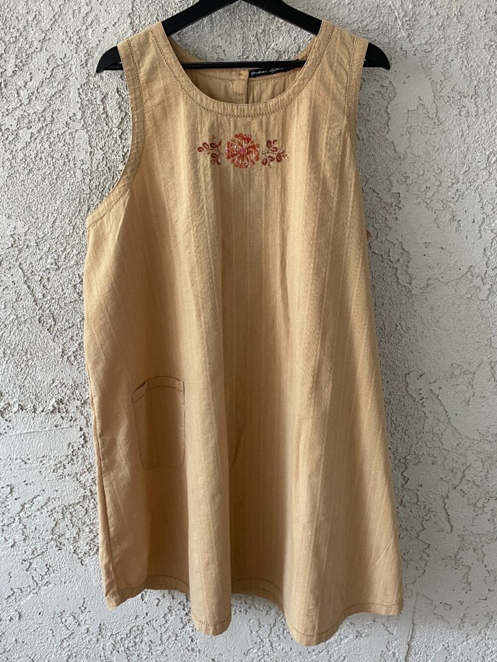 Gudrun Sjoden XL Lagenlook Organic Cotton Pinafore Dress Tan Embroidered Boho